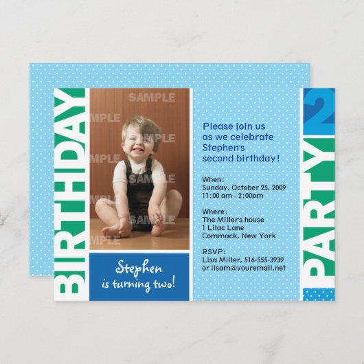 Polka Dot Uitnodiging voor tweede verjaardagsfeest (Voorkant / Achterkant)