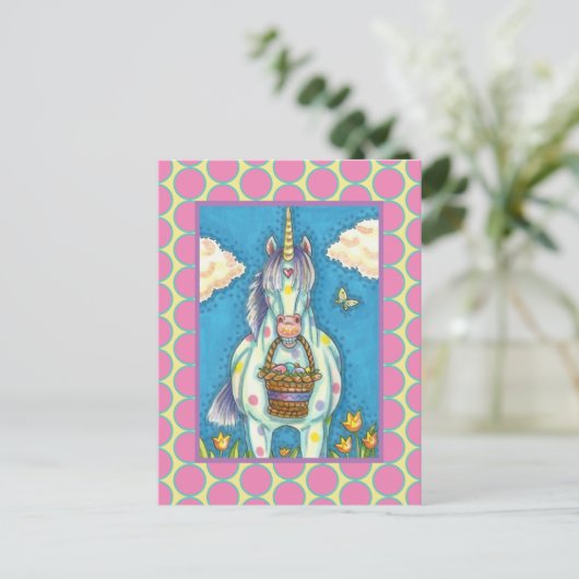 POLKA DOT UNICORN EN EASTER EGG BASKET, VANTASY FEESTDAGENKAART (Staand voorkant)