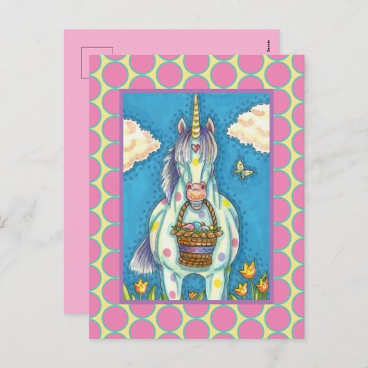 POLKA DOT UNICORN EN EASTER EGG BASKET, VANTASY FEESTDAGENKAART (Voorkant / Achterkant)