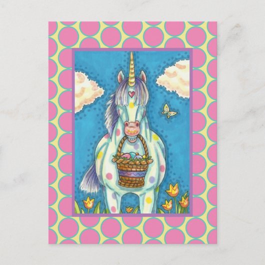 POLKA DOT UNICORN EN EASTER EGG BASKET, VANTASY FEESTDAGENKAART (Voorkant)