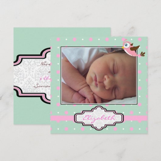 Polka dot, vogeltje met lijst baby meisje geboorte aankondiging (Voorkant / Achterkant)