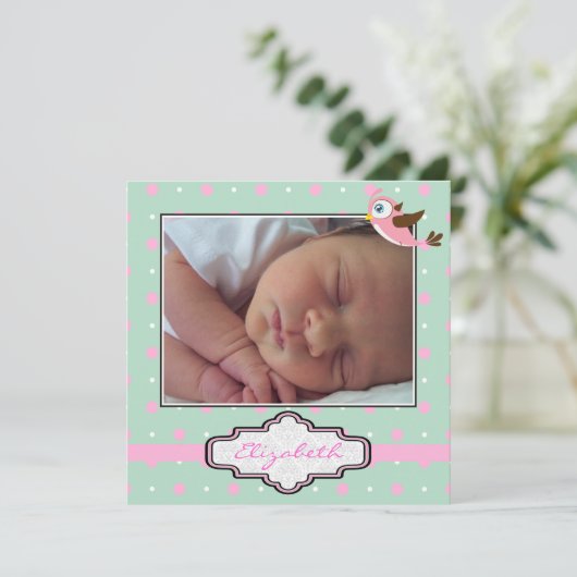 Polka dot, vogeltje met lijst baby meisje geboorte aankondiging (Staand voorkant)