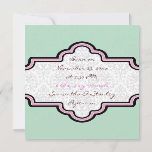 Polka dot, vogeltje met lijst baby meisje geboorte aankondiging (Achterkant)