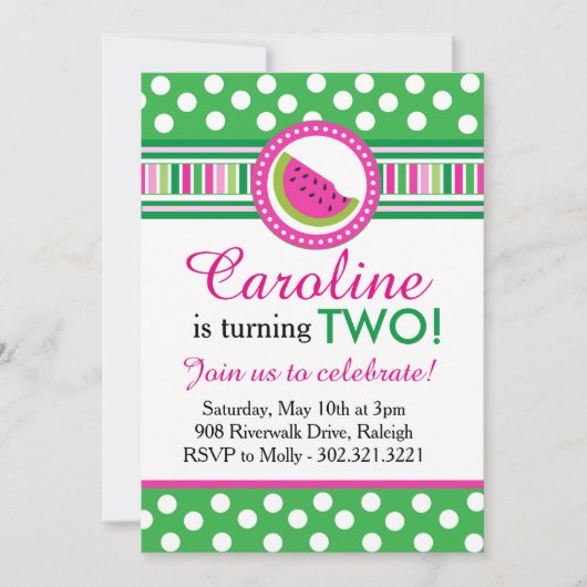Polka Dot Watermeloen Party Uitnodiging (Roze/Groe (Voorkant)