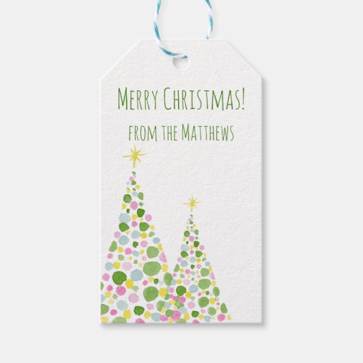 Polka Dot Waterverf kerstboom Cadeaulabel (Voorkant)