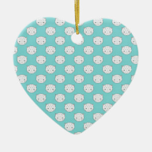 Polka Dot White Kat Face over Blauwgroen Keramisch Ornament