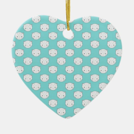 Polka Dot White Kat Face over Blauwgroen Keramisch Ornament (Voorkant)
