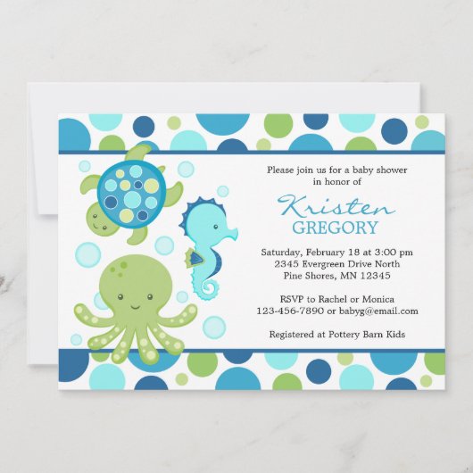 Polka Dot Zee Baby Shower-uitnodigingen │ Blauw Kaart (Voorkant)
