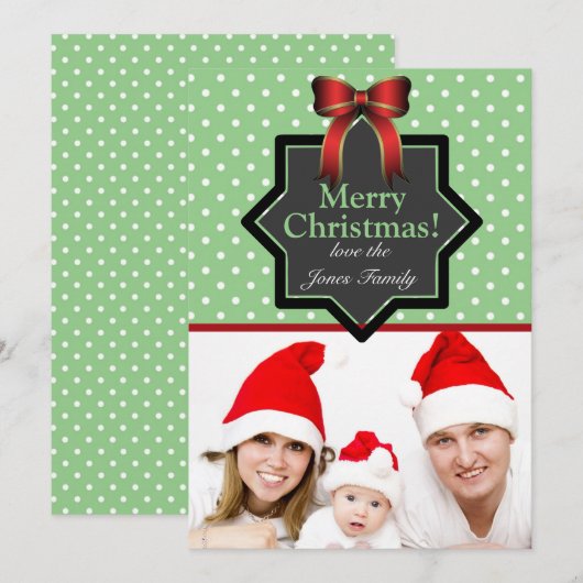 Polka Dots and Bow Festive Custom Photo Kerstmis Feestdagenkaart (Voorkant / Achterkant)