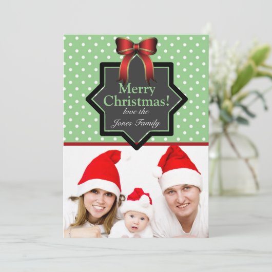 Polka Dots and Bow Festive Custom Photo Kerstmis Feestdagenkaart (Staand voorkant)