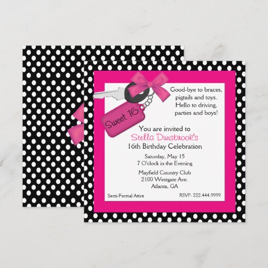 Polka Dots and Car Keys Sweet 16 Uitnodiging (Voorkant / Achterkant)