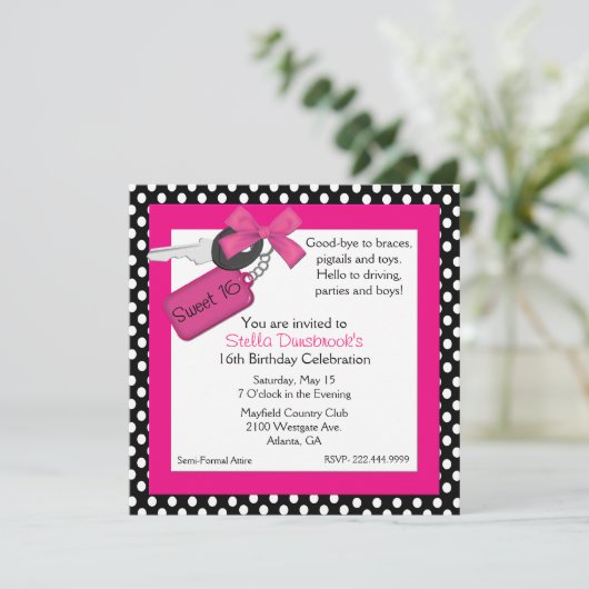Polka Dots and Car Keys Sweet 16 Uitnodiging (Staand voorkant)