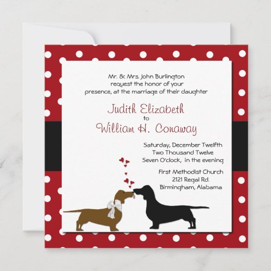 Polka Dots and Dachshunds Wedding Invitation Kaart (Voorkant)