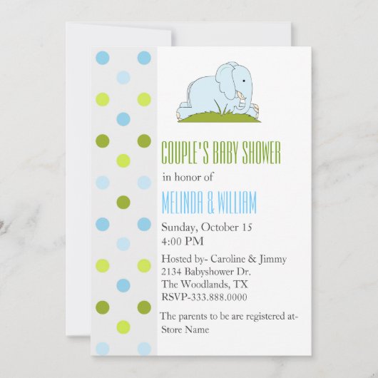 Polka Dots and Elephant Baby shower Invitation Kaart (Voorkant)