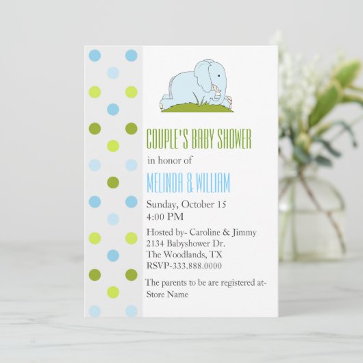 Polka Dots and Elephant Baby shower Invitation Kaart (Staand voorkant)