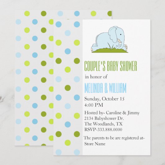 Polka Dots and Elephant Baby shower Invitation Kaart (Voorkant / Achterkant)
