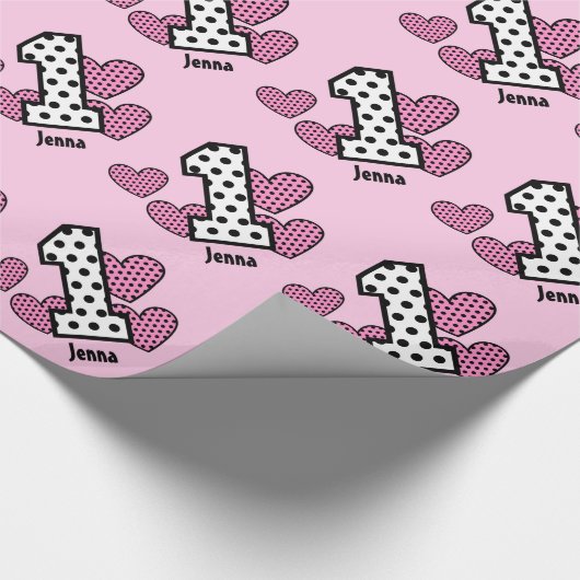 POLKA DOTS and HEARTS First Birthday Custom V05M Cadeaupapier (Hoek)