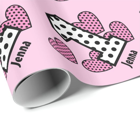 POLKA DOTS and HEARTS First Birthday Custom V05M Cadeaupapier (Rol Hoek)