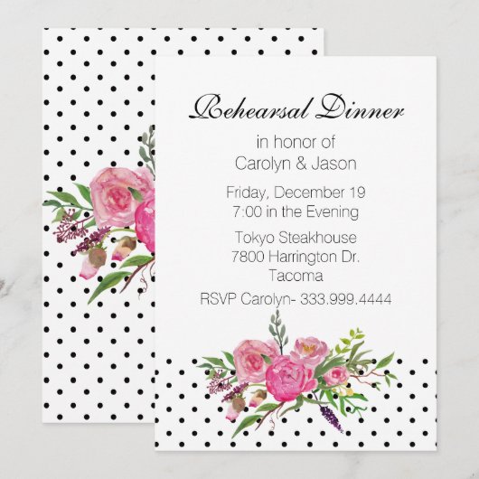 Polka Dots and Peonies Rehearsal Dinner Invitation Kaart (Voorkant / Achterkant)