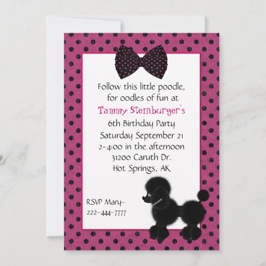 Polka Dots and Poodle Birthday Party Invitation Kaart (Voorkant)