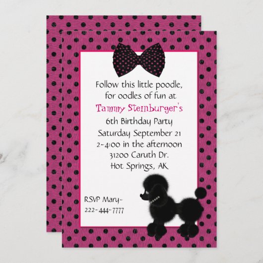 Polka Dots and Poodle Birthday Party Invitation Kaart (Voorkant / Achterkant)