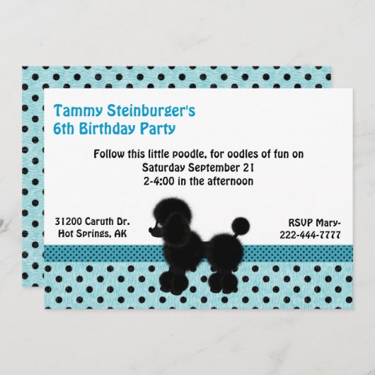 Polka Dots and Poodle Birthday Party Invitation Kaart (Voorkant / Achterkant)