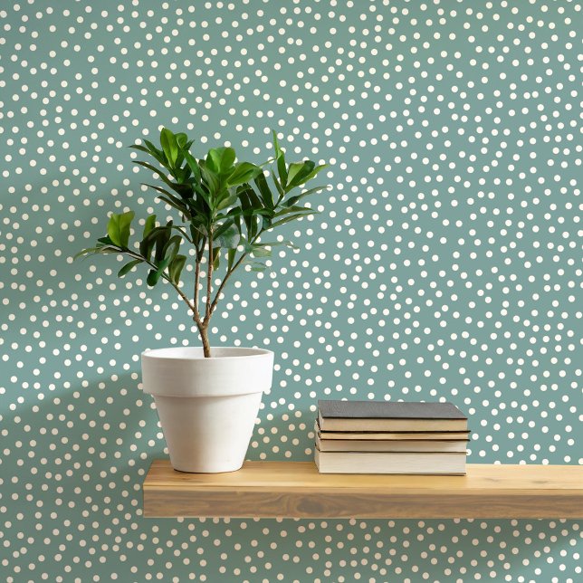 Polka Dots and Spots Cream op Sage Green Behang (Pretty polka dots and spots pattern peel and stick wallpaper in cream and sage green)