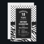 Polka Dots and Zebra Stripes 18th Birthday Kaart<br><div class="desc">Een zwarte en witte 18e verjaardagsfeestuitnodiging met poka-punten en zebrastrepen.</div>