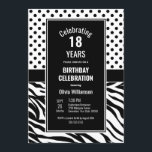 Polka Dots and Zebra Stripes 18th Birthday Kaart<br><div class="desc">Een zwarte en witte 18e verjaardagsfeestuitnodiging met poka-punten en zebrastrepen.</div>