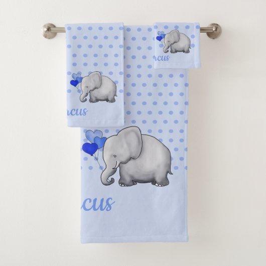 Polka Dots Baby Name Blue Elephant Shower Nursery Bad Handdoek (Insitu)