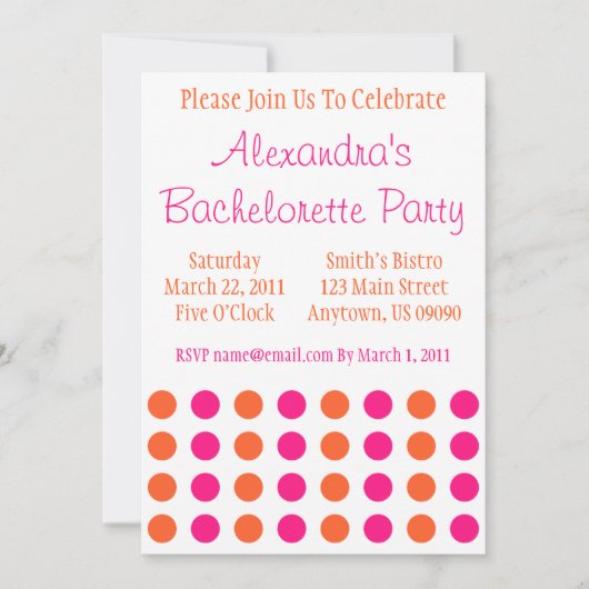 Polka Dots Bachelorette Invite (Hot Pink / Oranje) Kaart (Voorkant)