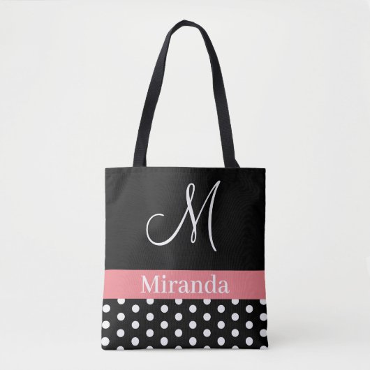 Polka Dots Black White Pink Monogram Script Tote Bag (Voorkant)