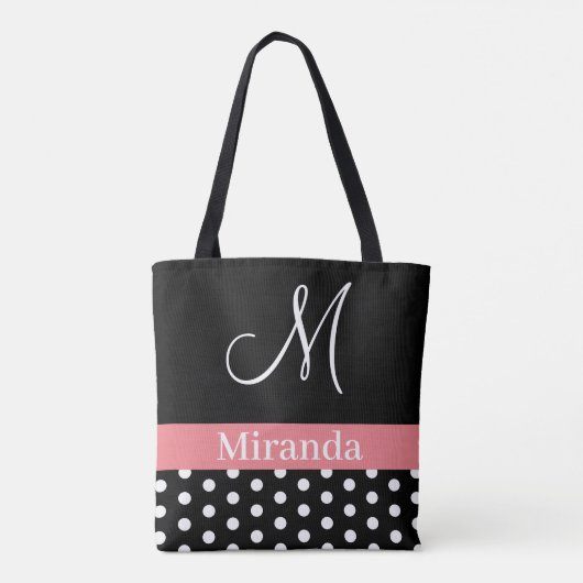 Polka Dots Black White Pink Monogram Script Tote Bag (Achterkant)