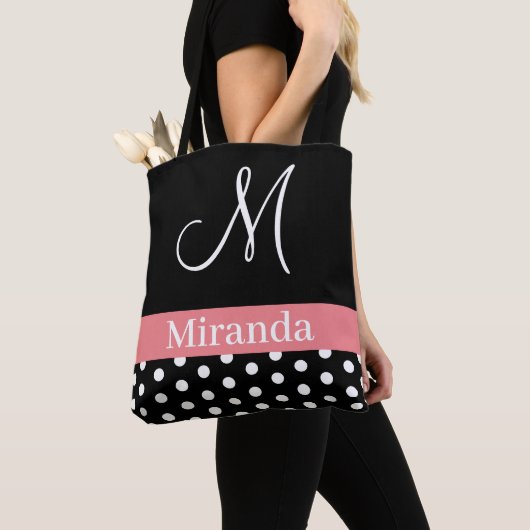 Polka Dots Black White Pink Monogram Script Tote Bag (Dichtbij)