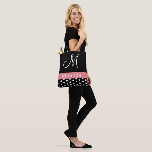 Polka Dots Black White Pink Monogram Script Tote Bag (Op model)