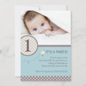 Polka Dots Blue Kinder Photo Birthday Invitation Kaart (Voorkant)
