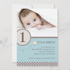 Polka Dots Blue Kinder Photo Birthday Invitation Kaart