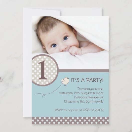 Polka Dots Blue Kinder Photo Birthday Invitation Kaart (Voorkant)