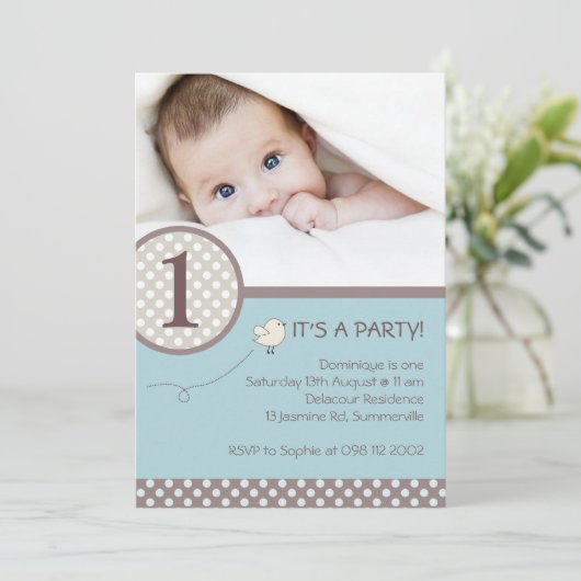 Polka Dots Blue Kinder Photo Birthday Invitation Kaart (Staand voorkant)