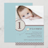 Polka Dots Blue Kinder Photo Birthday Invitation Kaart (Voorkant / Achterkant)