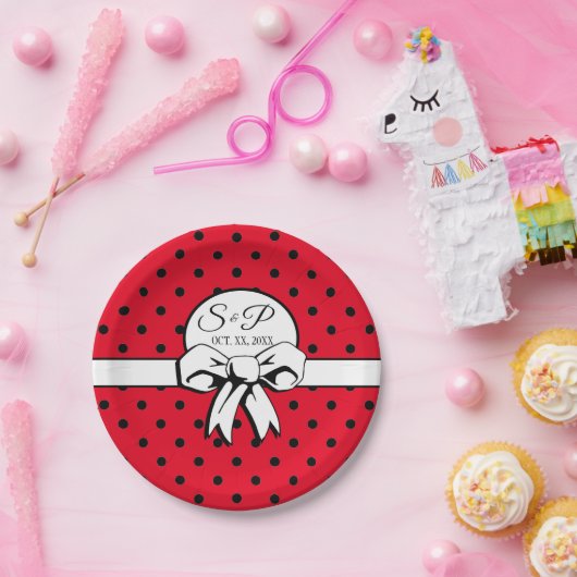  Polka Dots & Bows Vrijgezellenfeest Rood Zwart Papieren Bordje (Feest)