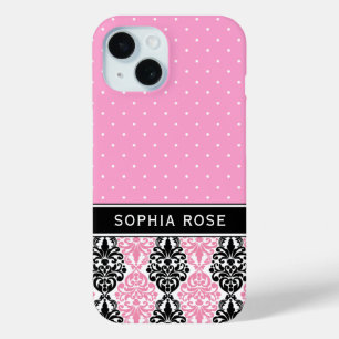 Polka Dots en Damask Pink Black Aangepaste naam iPhone 15 Case