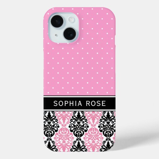 Polka Dots en Damask Pink Black Aangepaste naam Case-Mate iPhone Case (Achterkant)