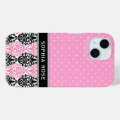 Polka Dots en Damask Pink Black Aangepaste naam Case-Mate iPhone Case (Achterkant (horizontaal))