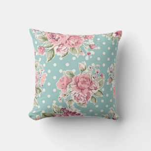 Polka dots floral shabby chic blauw wit elegant kussen