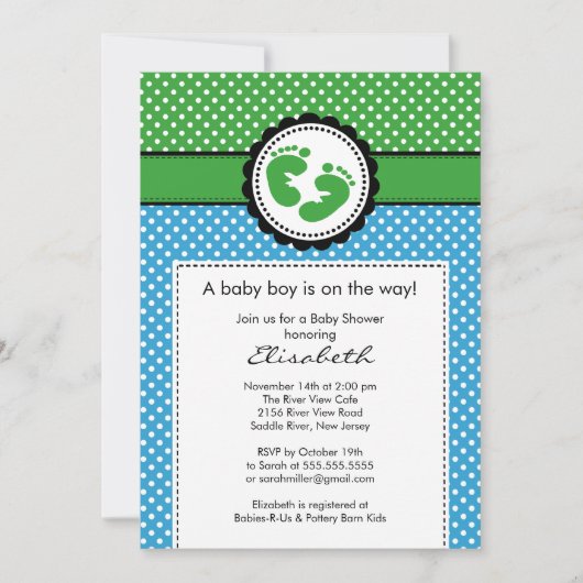 Polka Dots Footprint Boy Baby shower Uitnodiging (Voorkant)