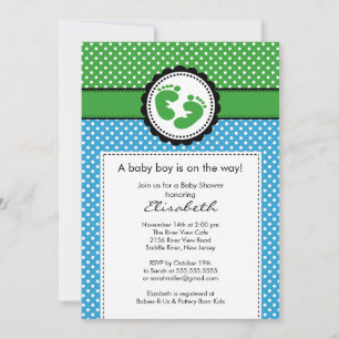 Polka Dots Footprint Boy Baby shower Uitnodiging