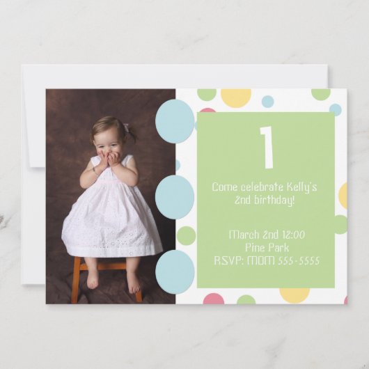 Polka dots Foto Birthday Invitation Kaart (Voorkant)