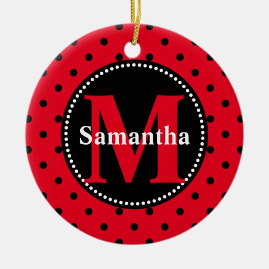 Polka Dots in rood en zwart gepersonaliseerd Keramisch Ornament (Voorkant)