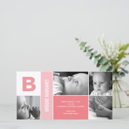 Polka Dots Initiaal Baby Geboorteaankondiging Aankondiging (Staand voorkant)